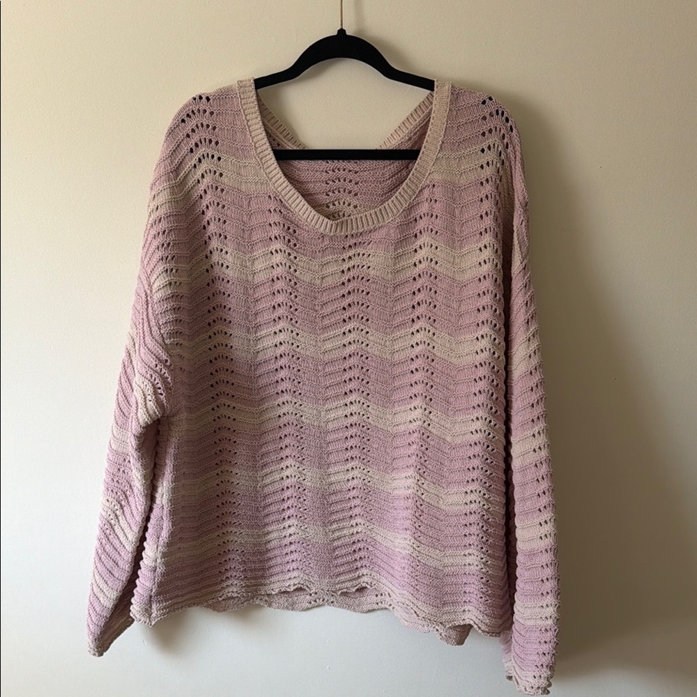 Open-Knit Scoop Neck Sweater in Light Pink & Cream